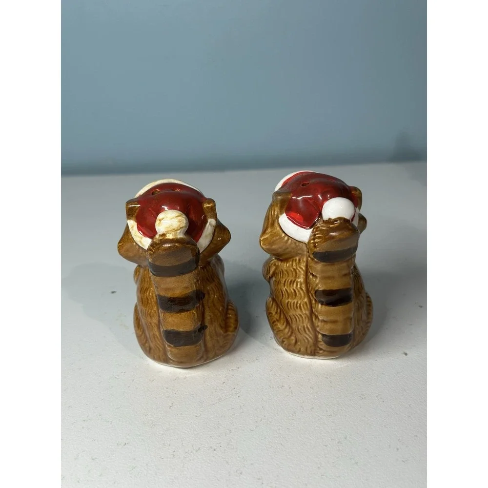 Vintage Set Of Christmas Racoon Salt & Pepper Shakers Holding Presents Japan